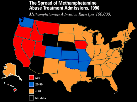 Spread of meth abuse treatment admissions, 1996